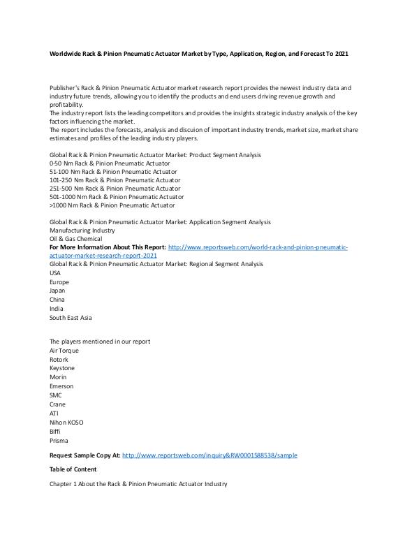 Market Research Update World Rack & Pinion Pneumatic Actuator Market Rese