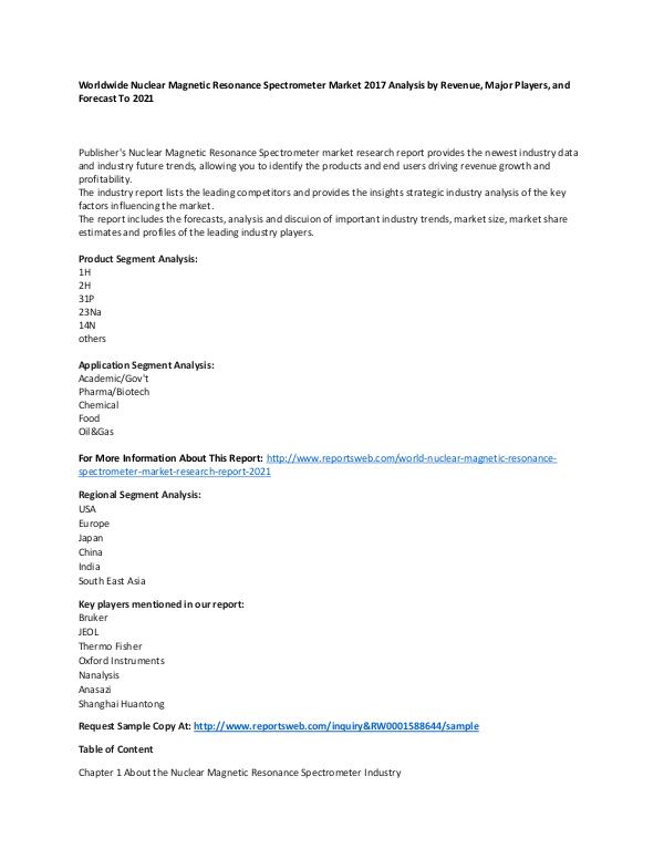 Market Research Update World Nuclear Magnetic Resonance Spectrometer Mark