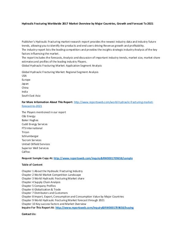 Market Research Update World Hydraulic Fracturing Market Forecast to 2021