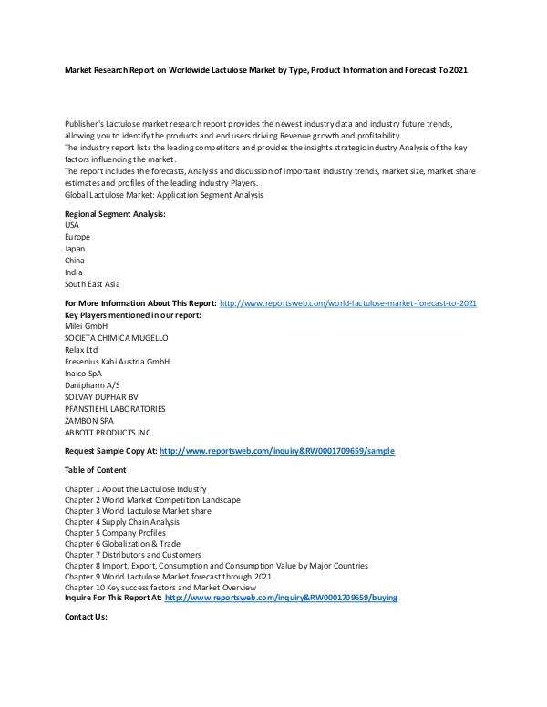 Market Research Update World Lactulose Market Forecast to 2021