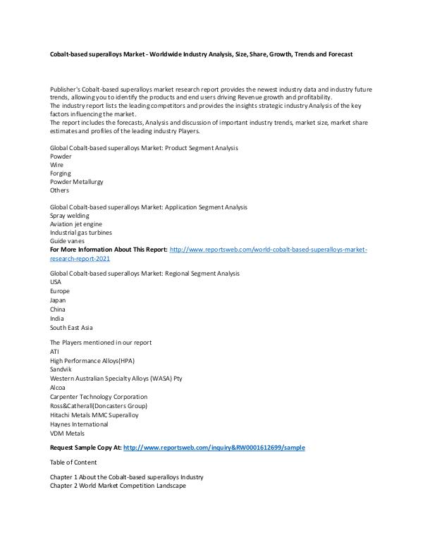 Market Research Update World Cobalt-based superalloys Market Research Rep