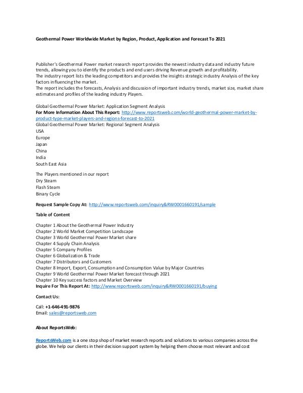 Market Research Update World Geothermal Power Market by Product Type, Mar
