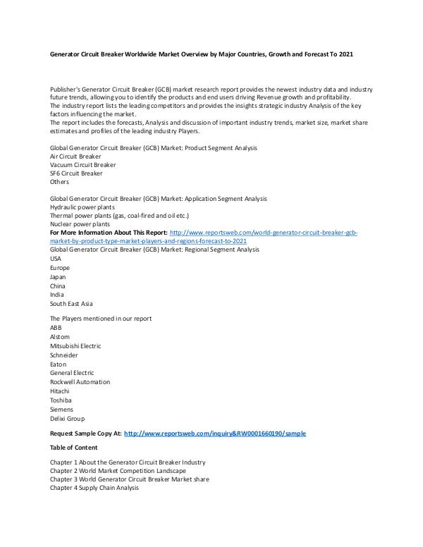 Market Research Update World Generator Circuit Breaker (GCB) Market by Pr