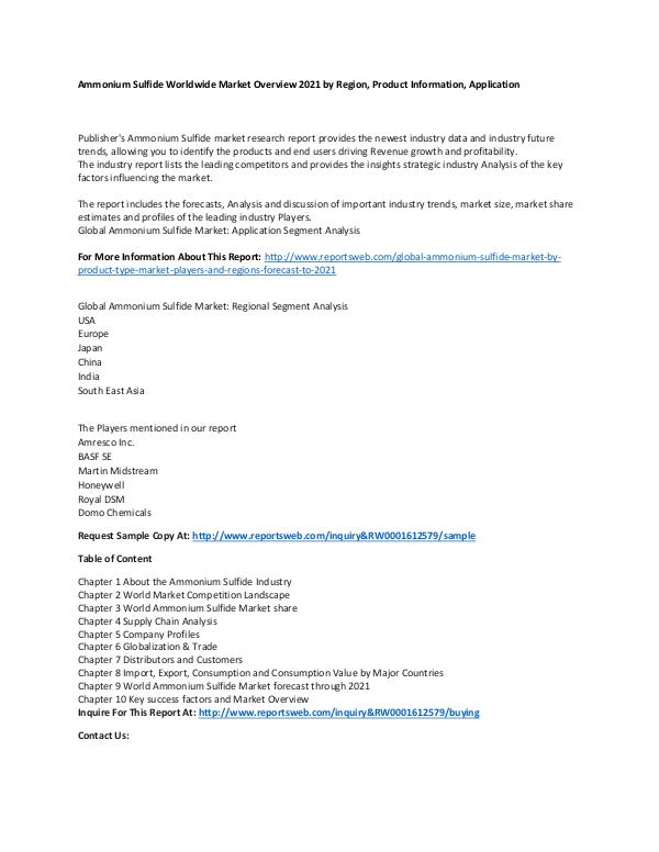 Market Research Update Global Ammonium Sulfide Market by Product Type, Ma
