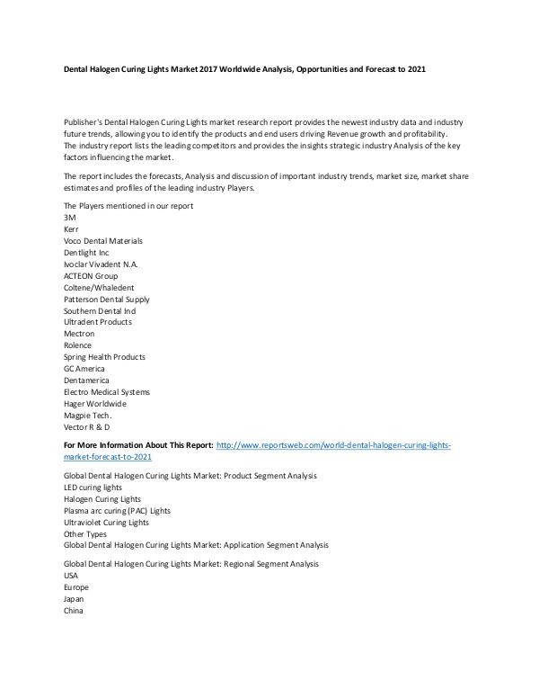 Market Research Update World Dental Halogen Curing Lights Market Forecast