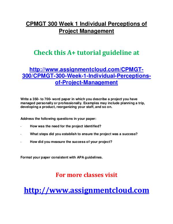 UOP CPMGT 300 Week 1 Individual Perceptions of Pro