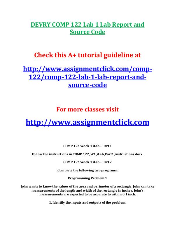 Devry COMP 122 Entire Course DEVRY COMP 122 Lab 1 Lab Report and Source Code