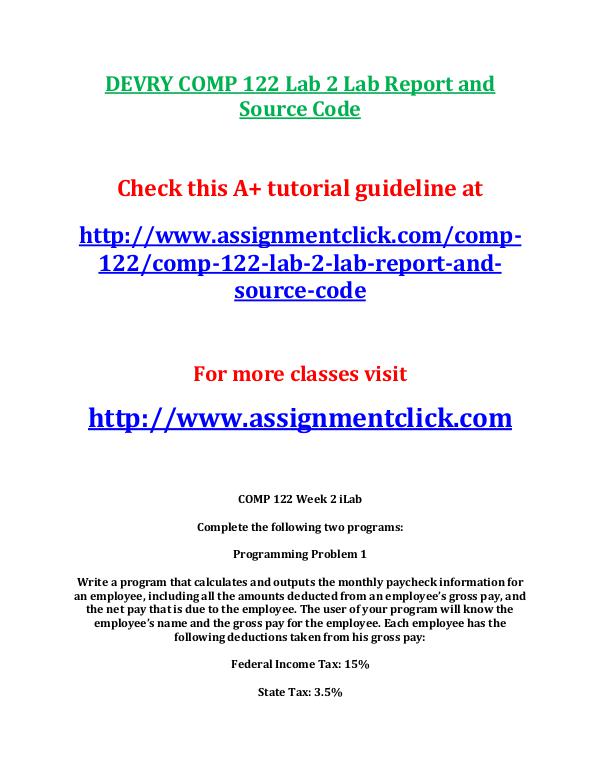 Devry COMP 122 Entire Course DEVRY COMP 122 Lab 2 Lab Report and Source Code