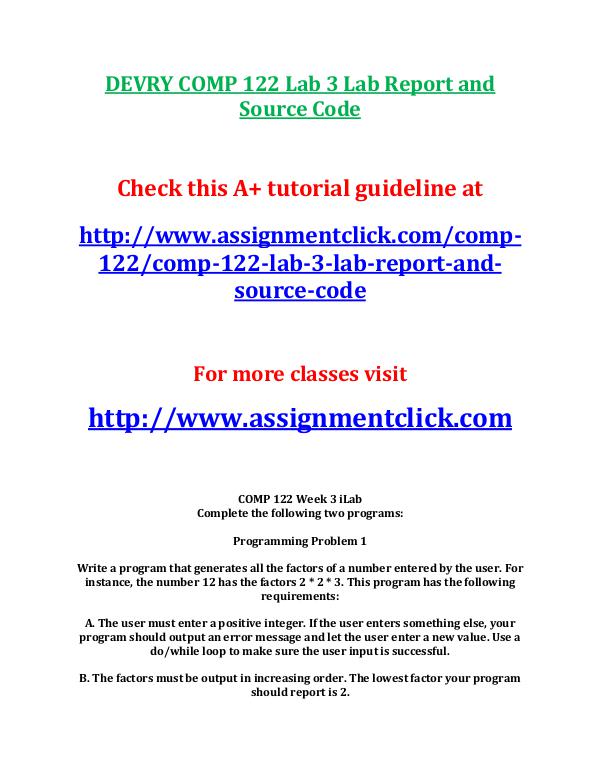 Devry COMP 122 Entire Course DEVRY COMP 122 Lab 3 Lab Report and Source Code