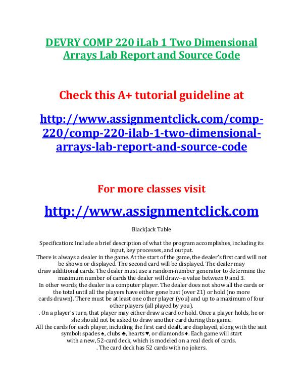 Devry COMP 220 Entire Course DEVRY COMP 220 iLab 1 Two Dimensional Arrays Lab R