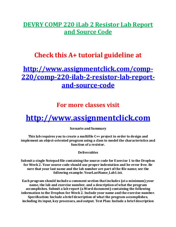 DEVRY COMP 220 iLab 2 Resistor Lab Report and Sour