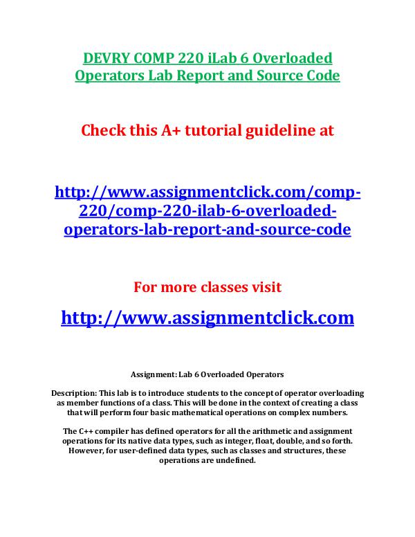 DEVRY COMP 220 iLab 6 Overloaded Operators Lab Rep