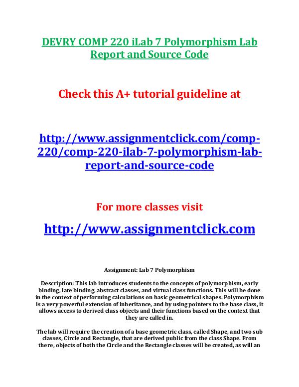 DEVRY COMP 220 iLab 7 Polymorphism Lab Report and