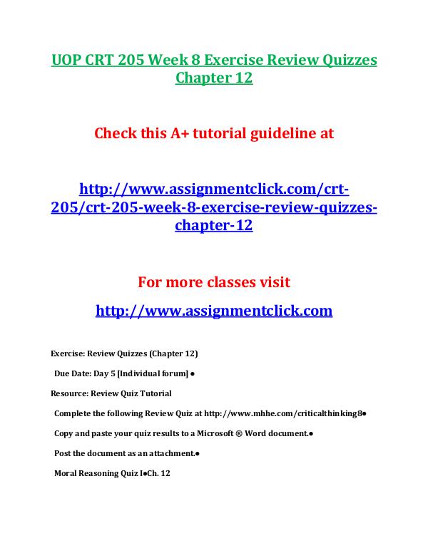 UOP CRT 205 Week 8 Exercise Review Quizzes Chapter