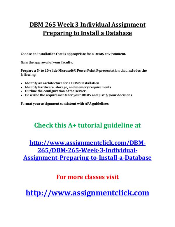 UOP DBM 265 Entire Course UOP DBM 265 Week 3 Individual Assignment Preparing