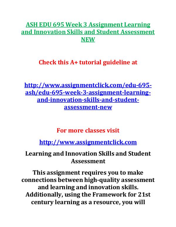 ASH EDU 695 Week 3 Assignment Learning and Innovat