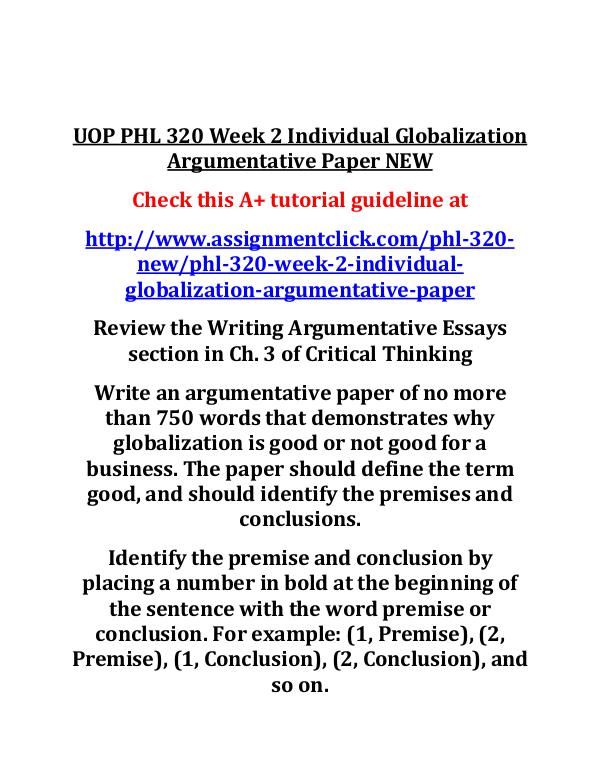 UOP PHL 320 Week 2 Individual Globalization Argume