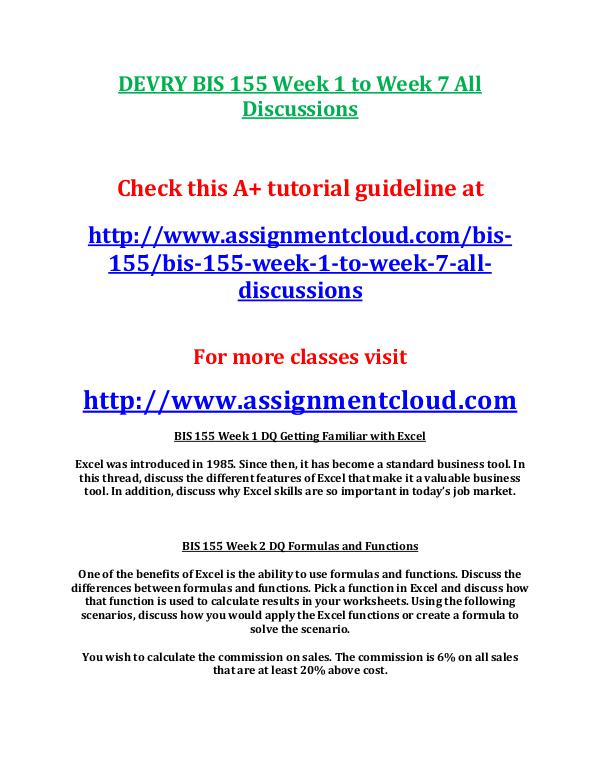 DEVRY BIS 155 Week 1 to Week 7 All Discussions