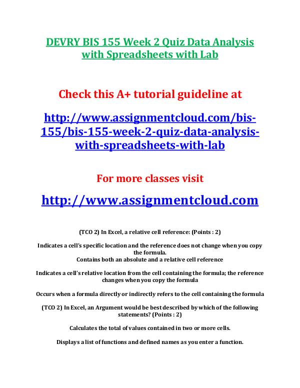 DEVRY BIS 155 Week 2 Quiz Data Analysis with Sprea