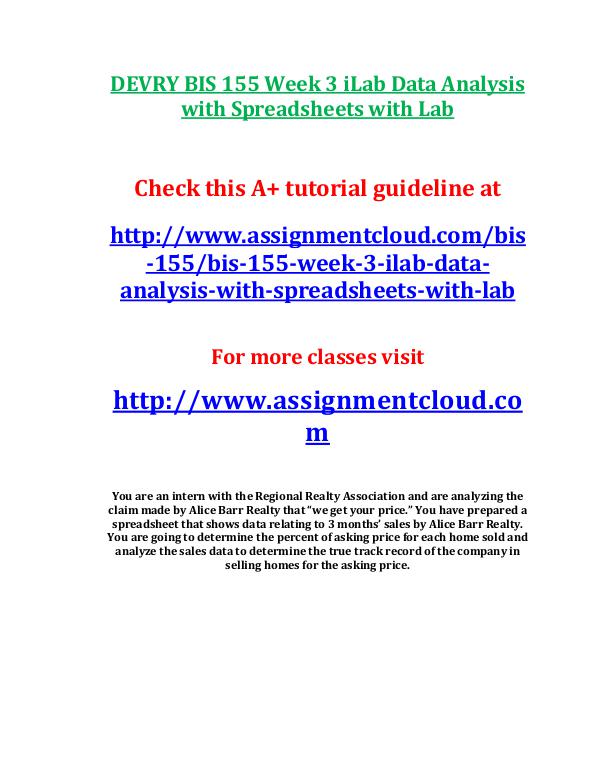 DEVRY BIS 155 Week 3 iLab Data Analysis with Sprea