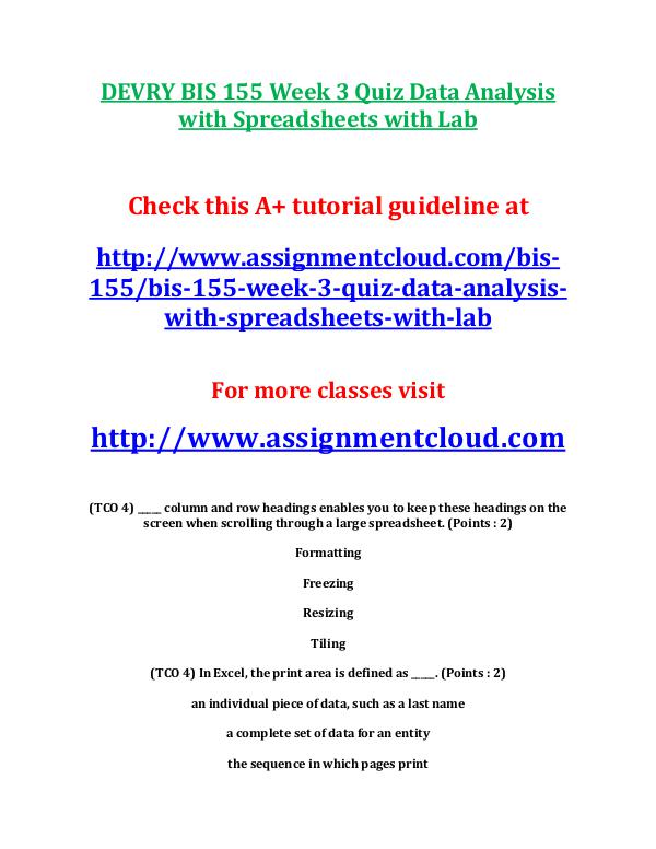 DEVRY BIS 155 Week 3 Quiz Data Analysis with Sprea