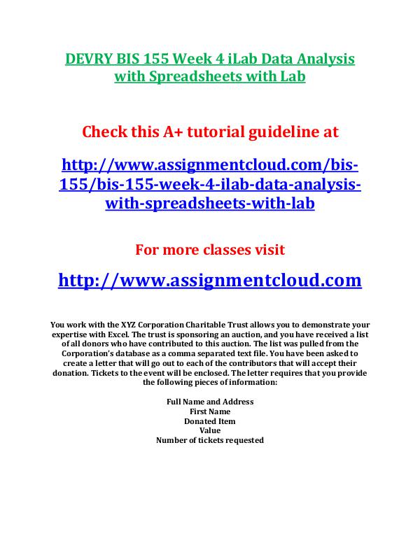 DEVRY BIS 155 Week 4 iLab Data Analysis with Sprea