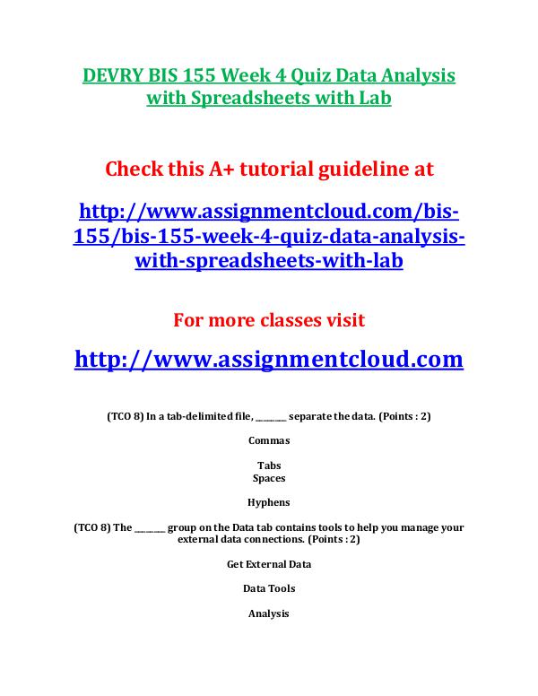 DEVRY BIS 155 Week 4 Quiz Data Analysis with Sprea