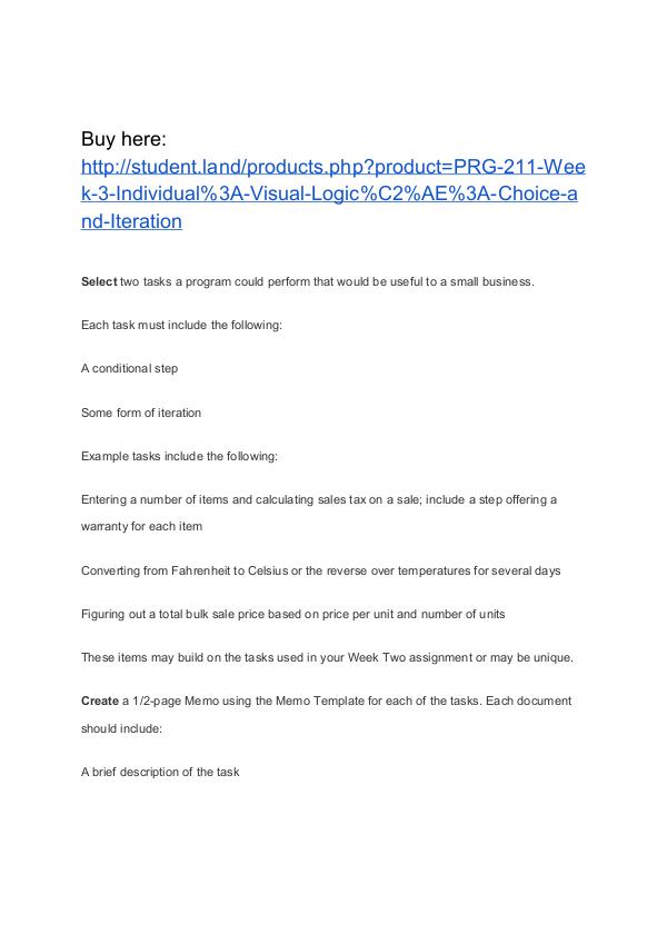 PRG 211 Week 3 Individual: Visual Logic®: Choice and Iteration PRG 211 Week 3 Individual: Visual Logic®: Choice a