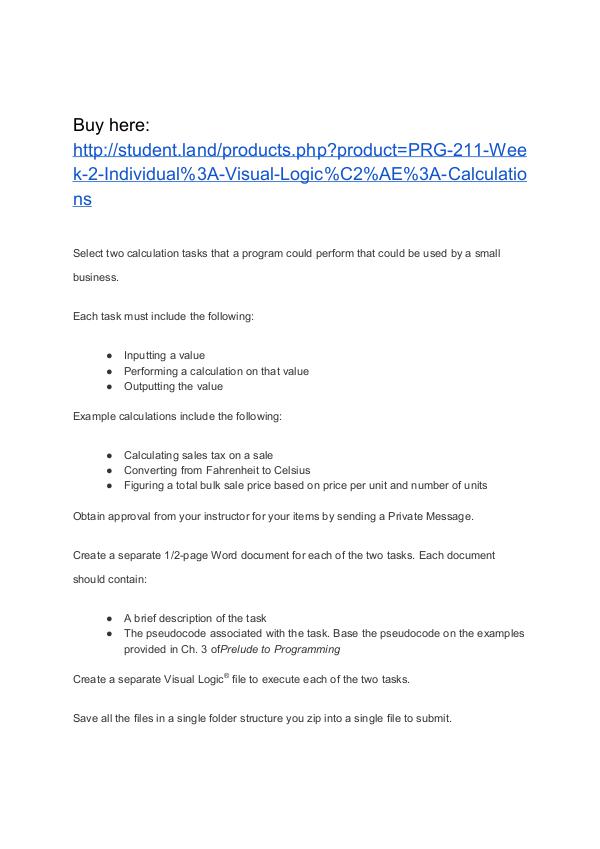 PRG 211 Week 2 Individual: Visual Logic®: Calculations PRG 211 Week 2 Individual: Visual Logic®: Calculat