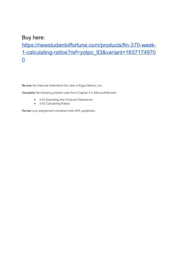 FIN 370 WEEK 1 Calculating Ratios FIN 370 WEEK 1 Calculating Ratios