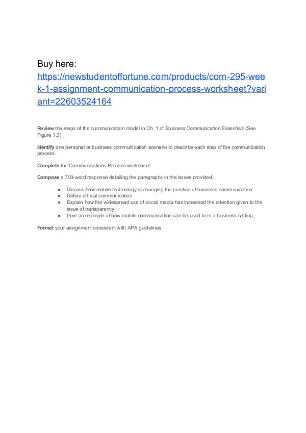 COM 295 Week 1 Assignment Communication Process Worksheet Homework