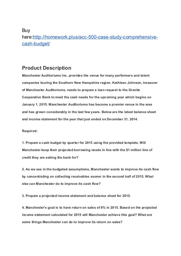 ACC 500 Case Study – Comprehensive Cash Budget SNHU