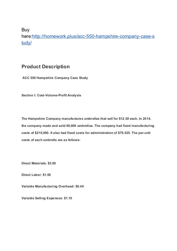 ACC 550 Hampshire Company Case Study SNHU