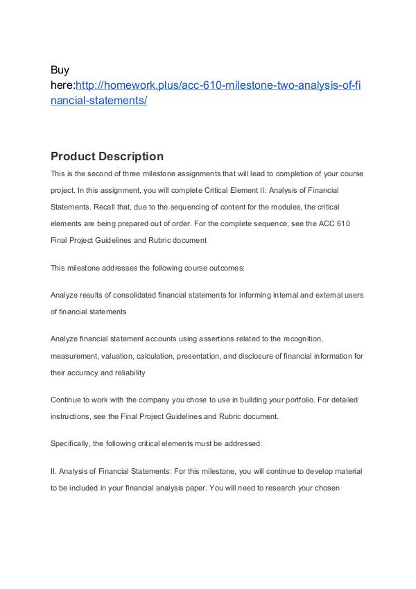 ACC 610 Milestone Two Analysis of Financial Statements SNHU