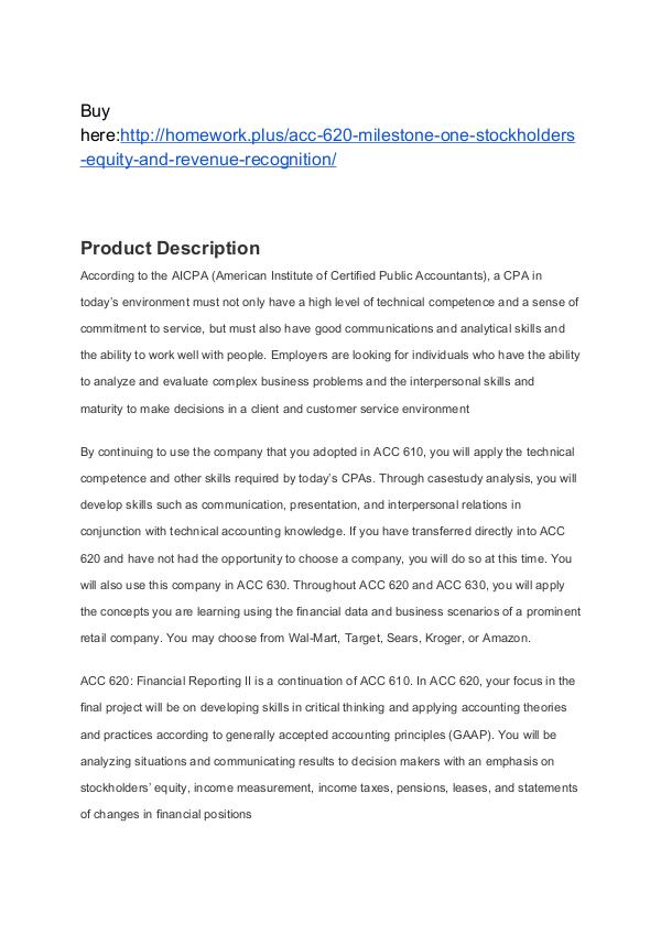 ACC 620 Milestone One Stockholders’ Equity and Revenue Recognition SNHU