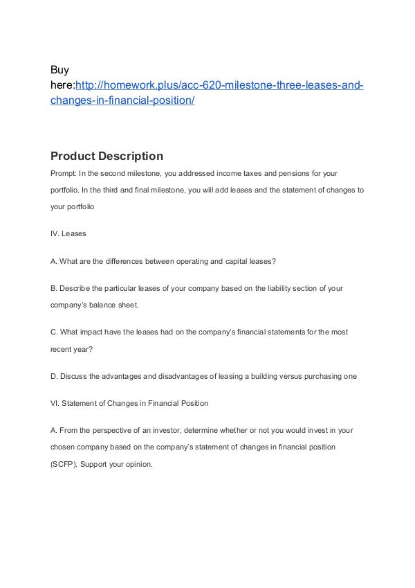 ACC 620 Milestone Three Leases and Changes in Financial Position SNHU