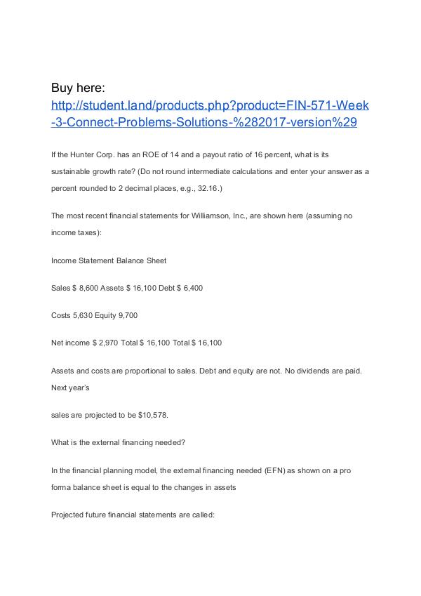 FIN 571 Week 3 Connect Problems Solutions (2017 version) Homework