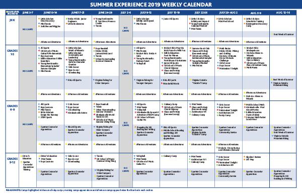 Summer Experience 2019 calendar 2019