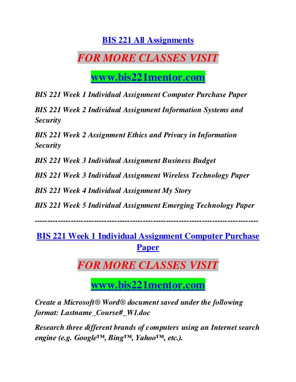 BIS 221 MENTOR Career Begins/bis221mentor.com BIS 221 MENTOR Career Begins/bis221mentor.com