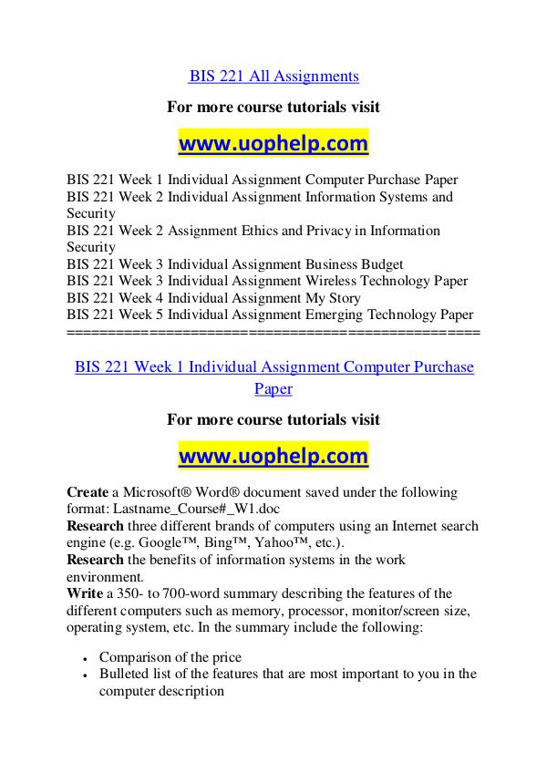 BIS 221 Endless Education /uophelp.com BIS 221 Endless Education /uophelp.com