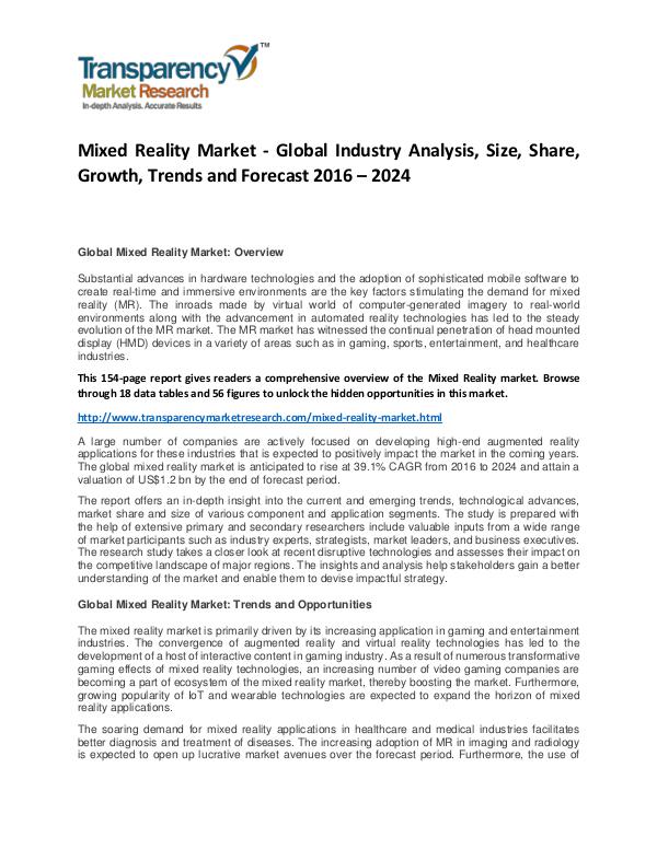 Mixed Reality Market Size, Share, Demand and Forecasts To 2024 Mixed Reality Market - Global Industry Analysis, S