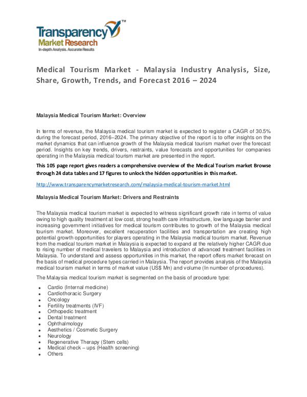 Medical Tourism Market Trends and Forecast 2016 – 2024 Medical Tourism Market - Malaysia Industry Analysi