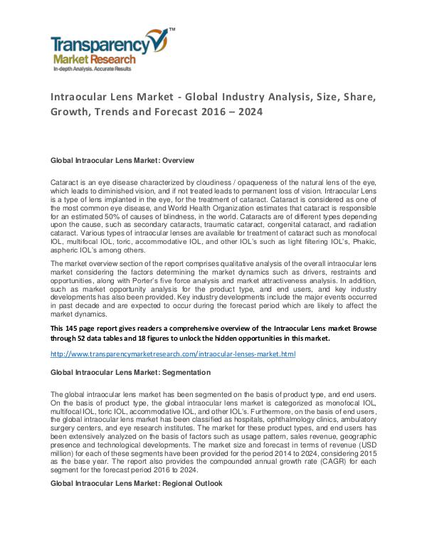 Intraocular Lens Market Trends and Forecast 2016 – 2024 Intraocular Lens Market - Global Industry Analysis