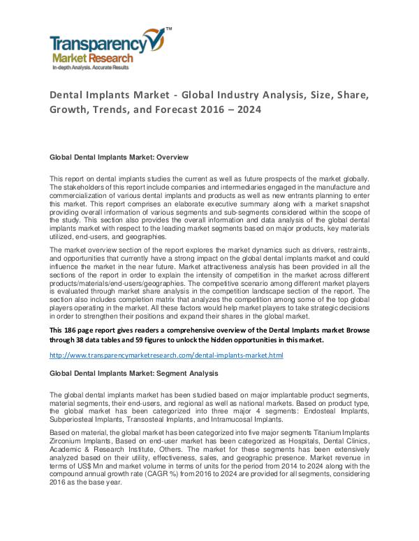 Dental Implants Market Research Report 2016 Analysis And Forecast Dental Implants Market - Global Industry Analysis,