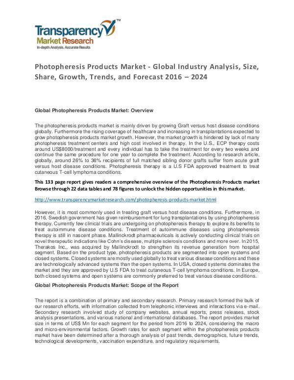 Photopheresis Products Market Research Report 2016 Photopheresis Products Market - Global Industry An