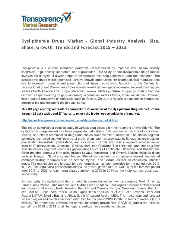 Dyslipidemia Drugs Market Trends, Growth, Price and Forecasts To 2024 Dyslipidemia Drugs Market - Global Industry Analys