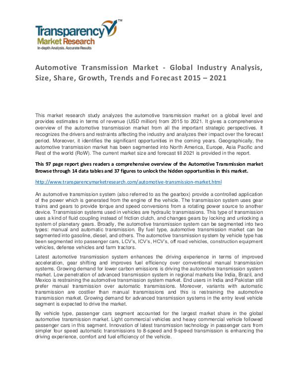 Automotive Transmission Market  Growth, Trends and Forecast Automotive Transmission Market - Global Industry A