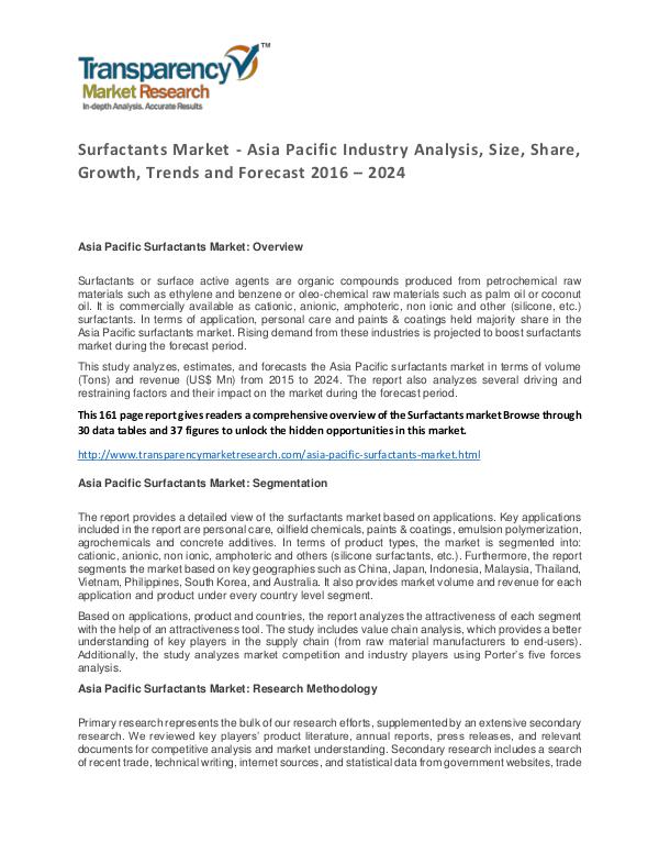 Surfactants Global Market Analysis 2016 and Forecasts to 2024 Surfactants Market - Asia Pacific Industry Analysi