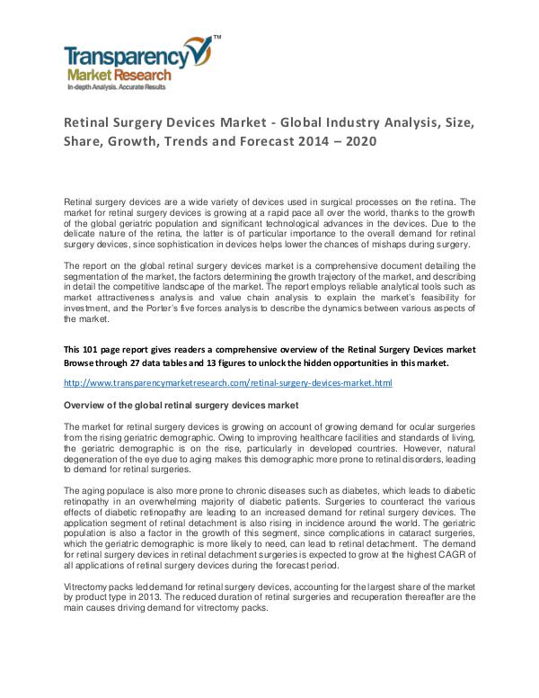 Retinal Surgery Devices Global Market Analysis 2014 and Forecast Retinal Surgery Devices Market - Global Industry A