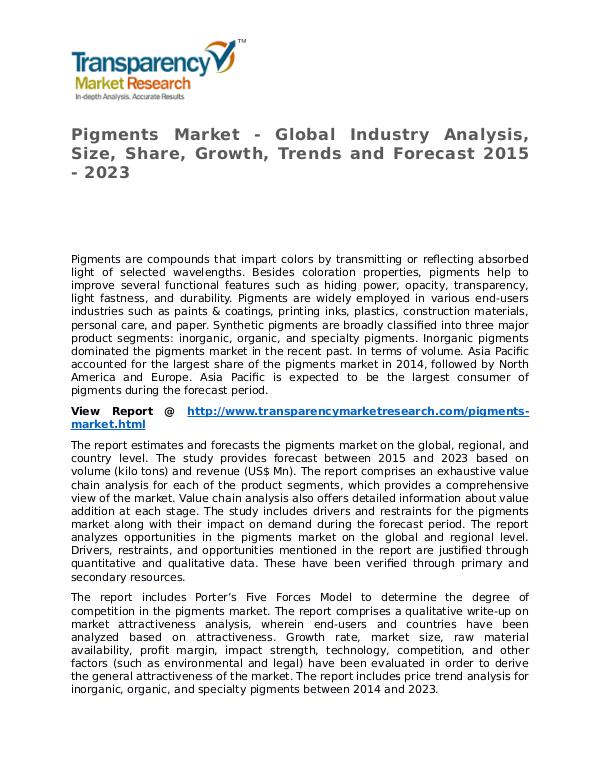 Pigments Market – Analysis and Forecasts from 2015 to 2023 Pigments Market - Global Industry Analysis, Size,